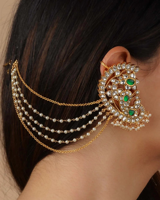 Green Color Gold Plated Jadau Kundan Earrings